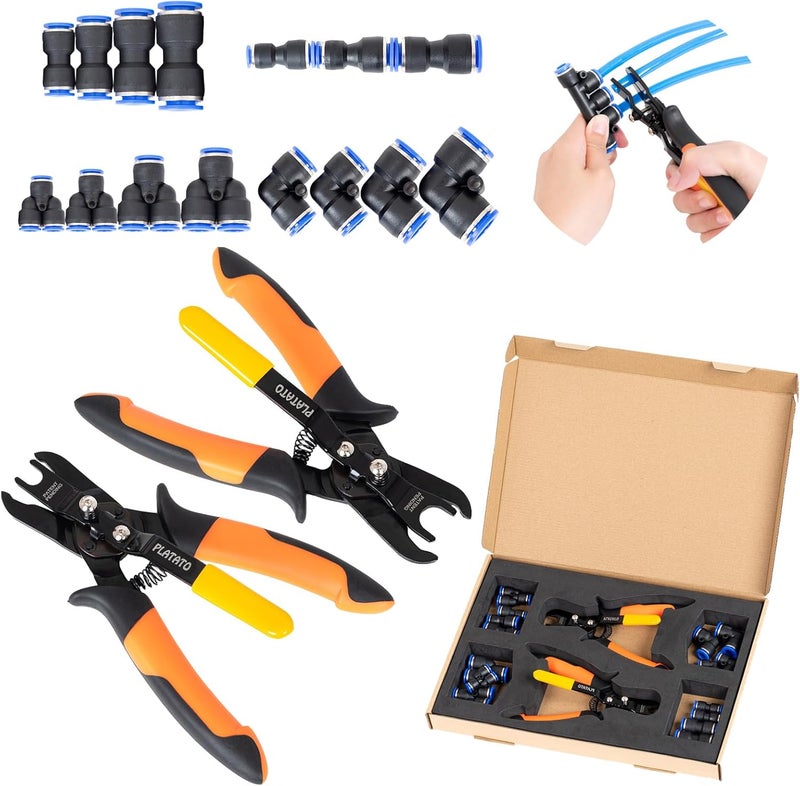 PLATATO Push to Connect Fittings Air Line Disconnect Tool Kit Push Fitting Removal Tool for 1/4”, 5/16”, 3/8”, 1/2” (6mm, 8mm,10mm,12mm) Quick Connect Release Pliers with 15 Pcs Pneumatic Fittings - Image 1